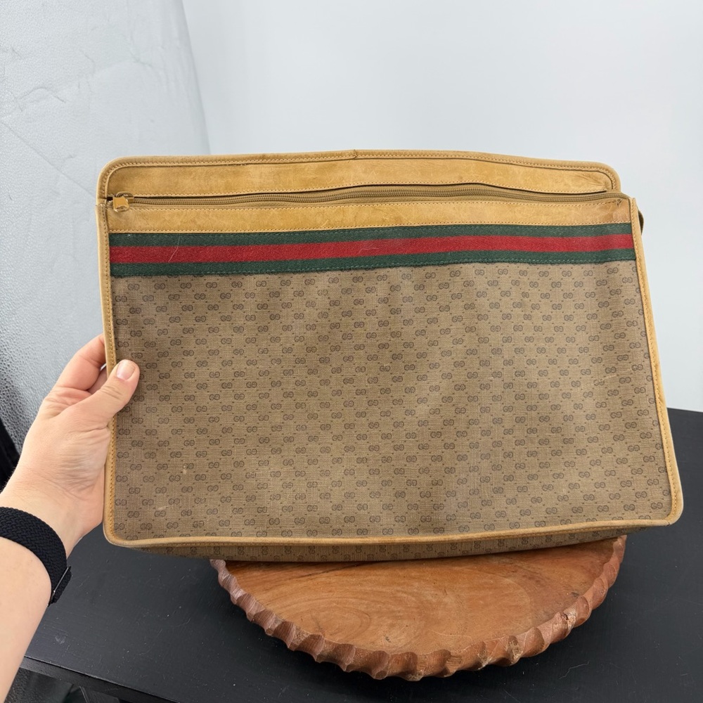 GUCCI Micro GG Supreme Web Sherry Line Briefcase tan leather trim laptop sleeve